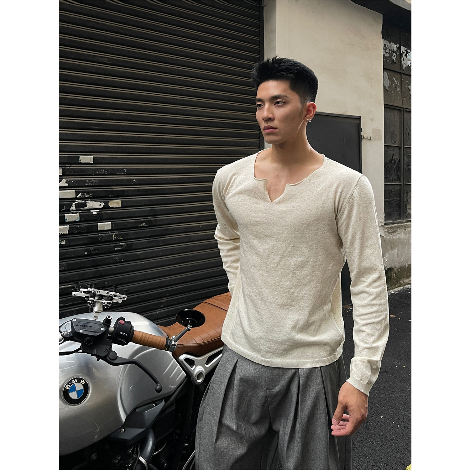 MASONSOUL  刘东同款亚麻混纺轻薄长袖罩衫T恤休闲老钱风慵懒外套