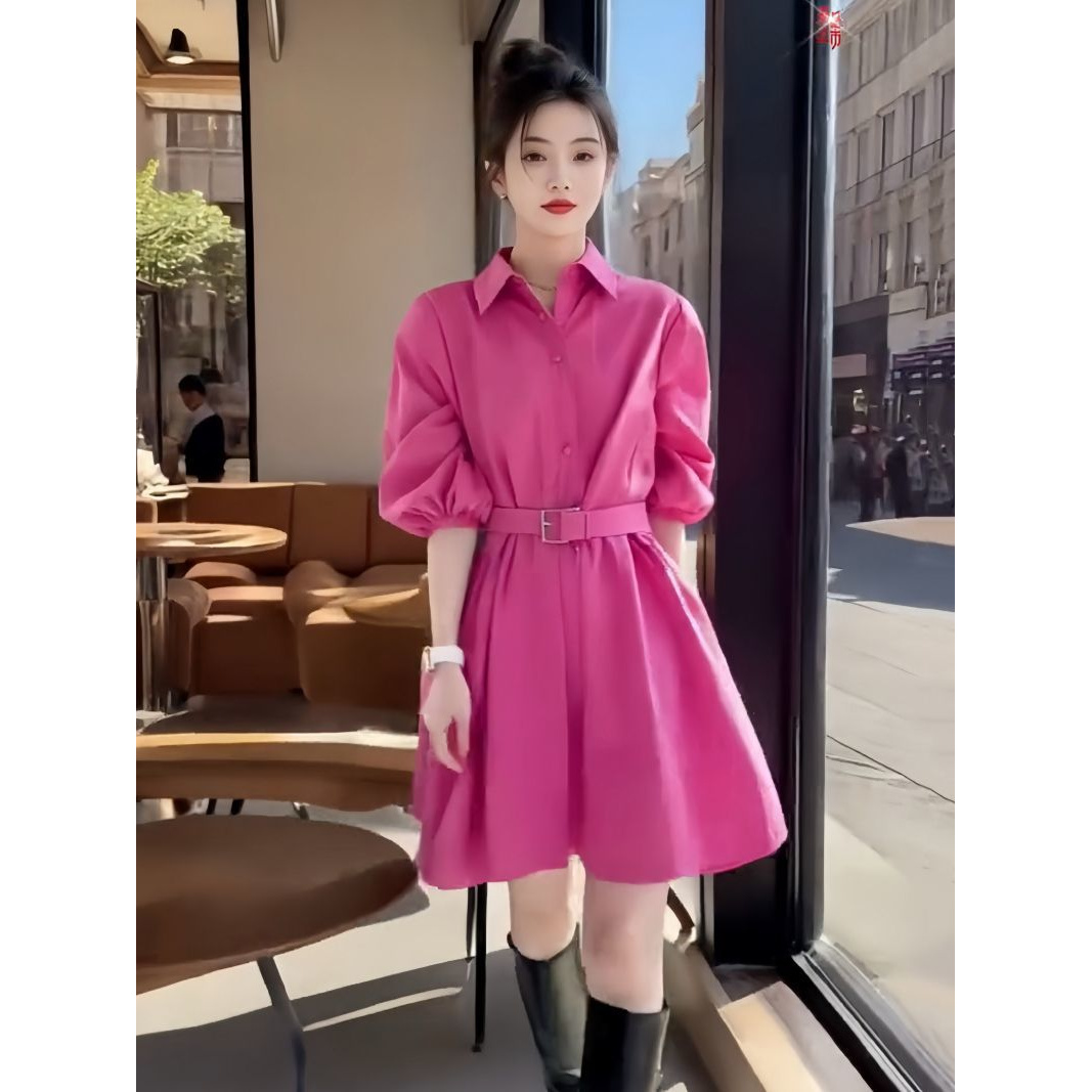 高级感玫红色衬衫裙2025春季新款时尚气质收腰显瘦超火百搭连衣裙