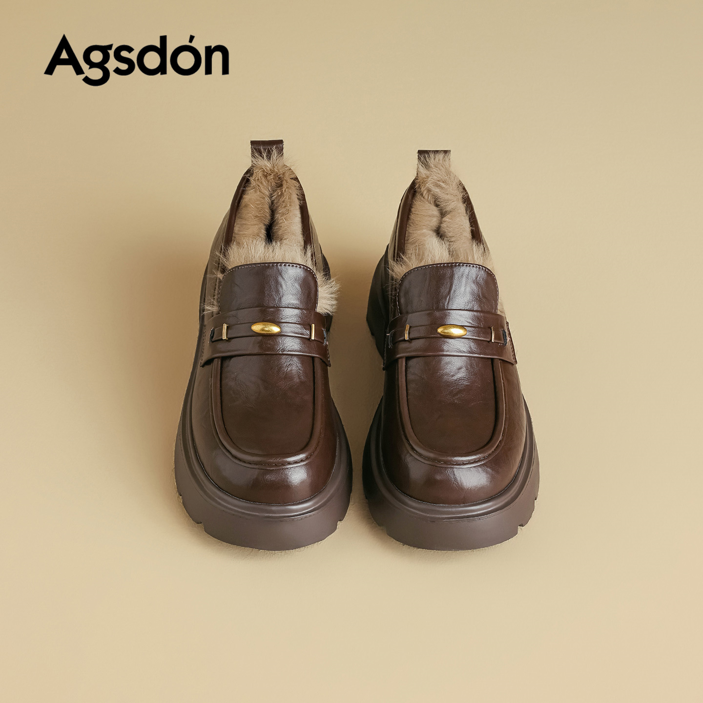 奥古狮登加绒乐福鞋女2025新款冬季厚底增高棕色小皮鞋保暖单鞋xx