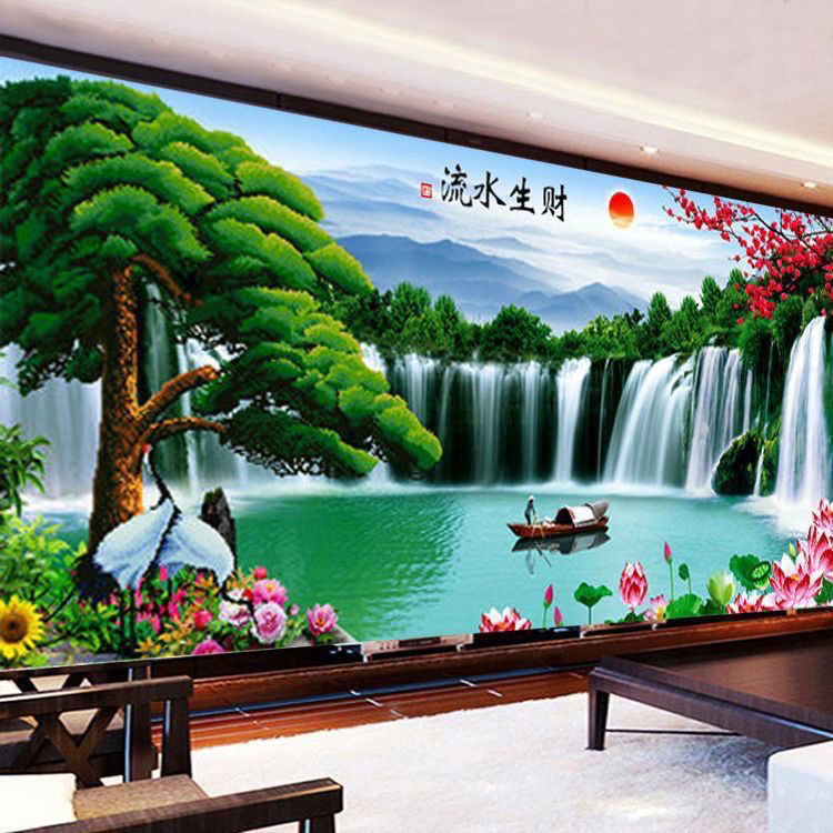 新款流水生财自粘画靠山迎客松客厅山水画风景床头装饰画挂画壁画