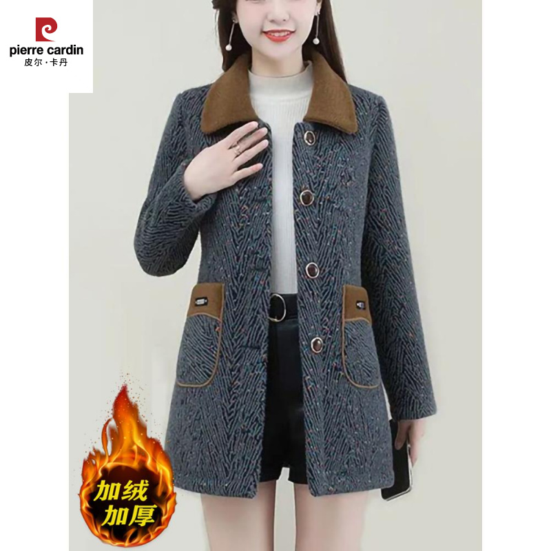 皮尔卡丹妈妈冬装毛呢外套中长款2025新款服中老年女加绒加厚水貂