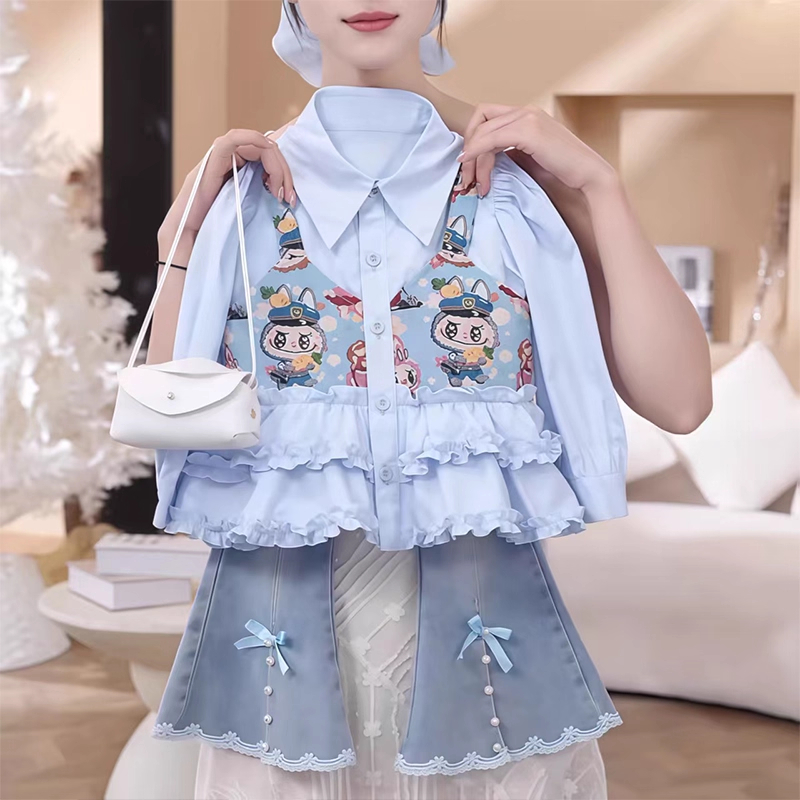 女童拉布布套装春秋2025新款儿童洋气假两件衬衫秋季女孩微喇叭裤