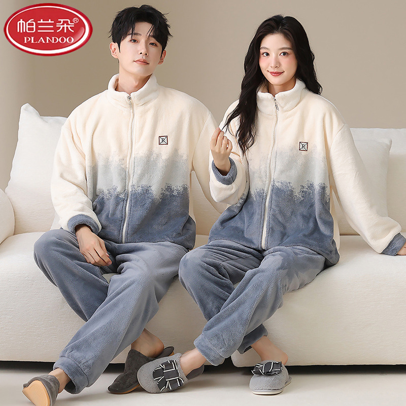 帕兰朵法兰绒秋冬季情侣睡衣珊瑚绒拉链开衫长袖长裤柔软保暖男女