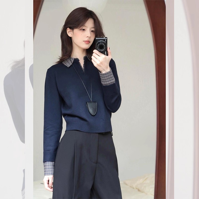韩系假两件藏蓝色polo领针织衫女2025春秋穿搭短款别致毛衣上衣