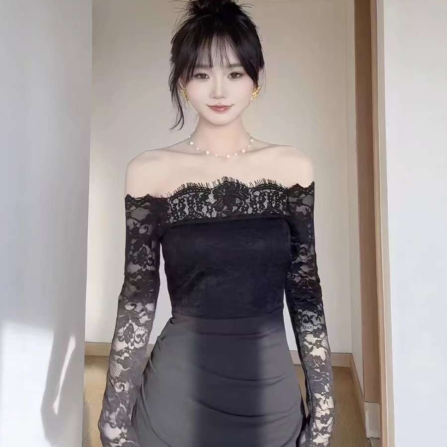 复古一字肩蕾丝拼接连衣裙女2025新款性感长袖包臀裙子