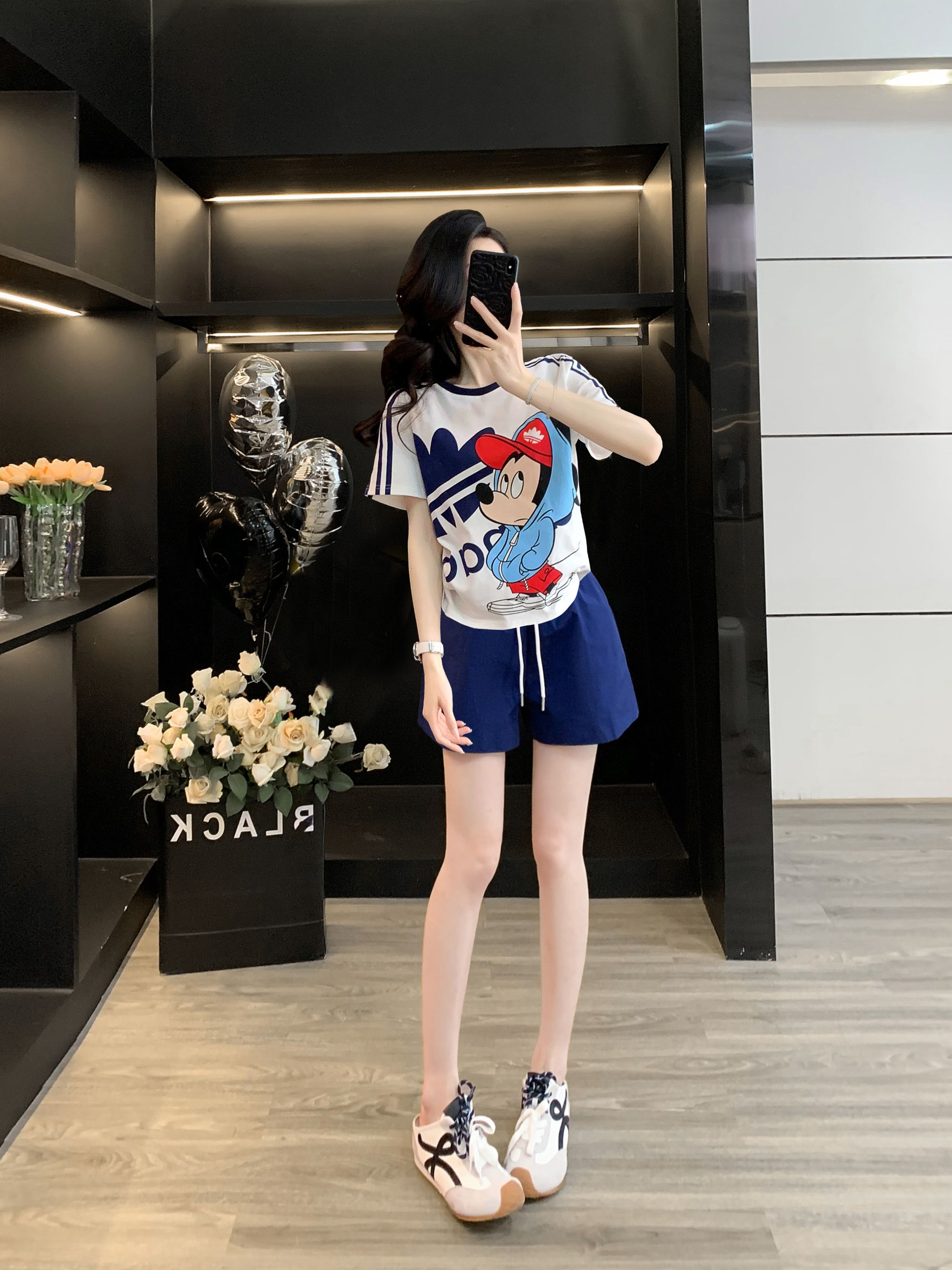 美式米奇三条杠棉短袖t恤夏宽松大码T上衣运动短裤轻薄阔腿裤透气