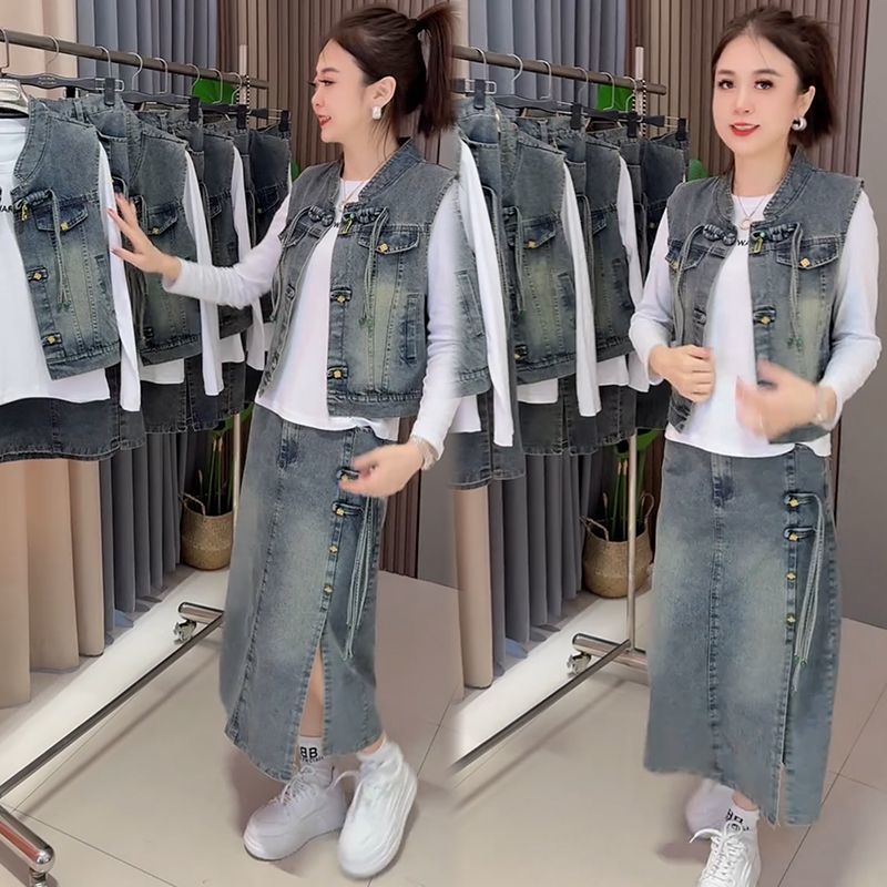 牛仔时尚套装女春2025新款宽松大码盘扣马甲中式半身裙洋气三件套