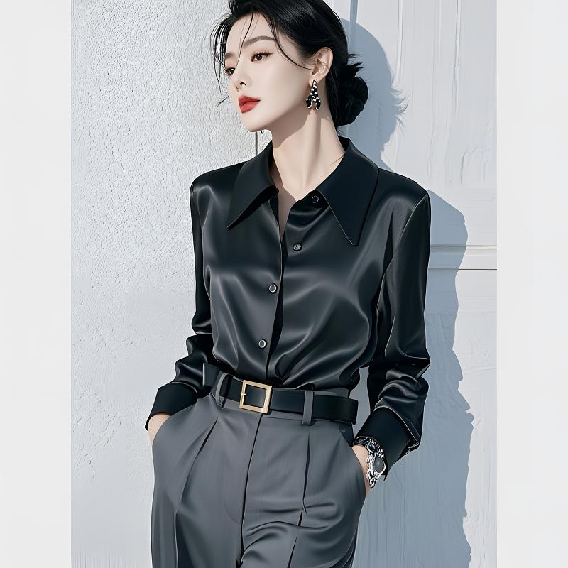 轻奢小众醋酸缎面衬衣女春季新款独特漂亮别致职业通勤上衣衬衫
