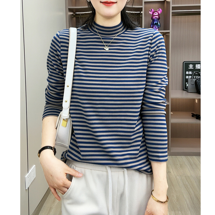 25年秋冬半高领条纹打底衫女加绒加厚双面澳绒保暖长袖上衣