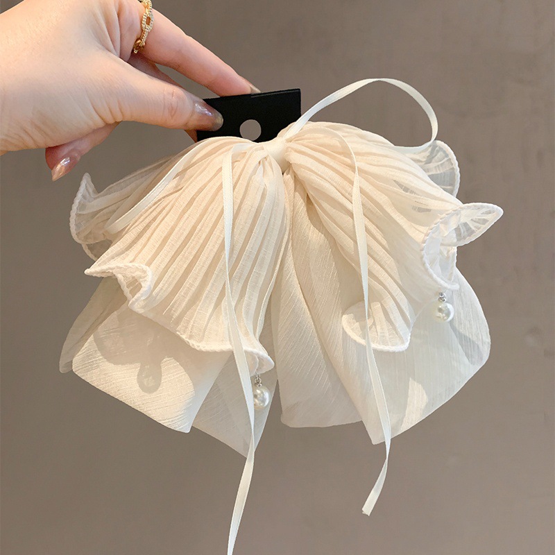 2025韩版褶皱雪纺网纱大蝴蝶结马尾发夹高端气质抓夹半扎发鲨鱼夹