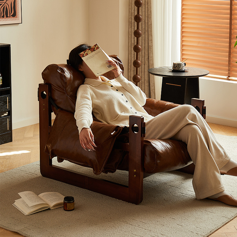 中古风泽西岛椅休闲椅阳台单人懒人沙发躺椅客厅可躺可睡实木沙发