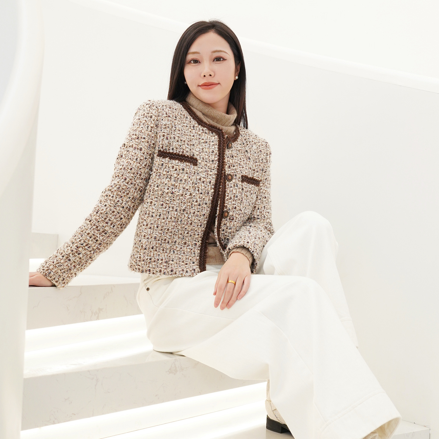 2025新款法式羊毛小香风外套粗花呢经典毛皮花边圆领短款外套上衣