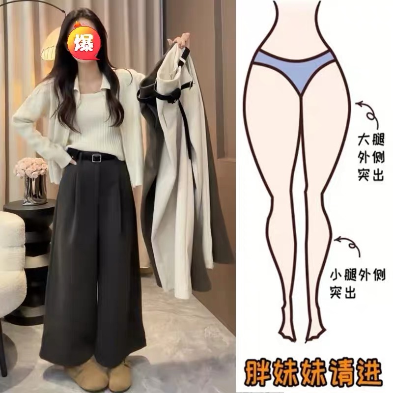 深灰色褶皱毛呢九分阔腿裤女秋冬新款大码胖mm显瘦宽松高腰休闲裤