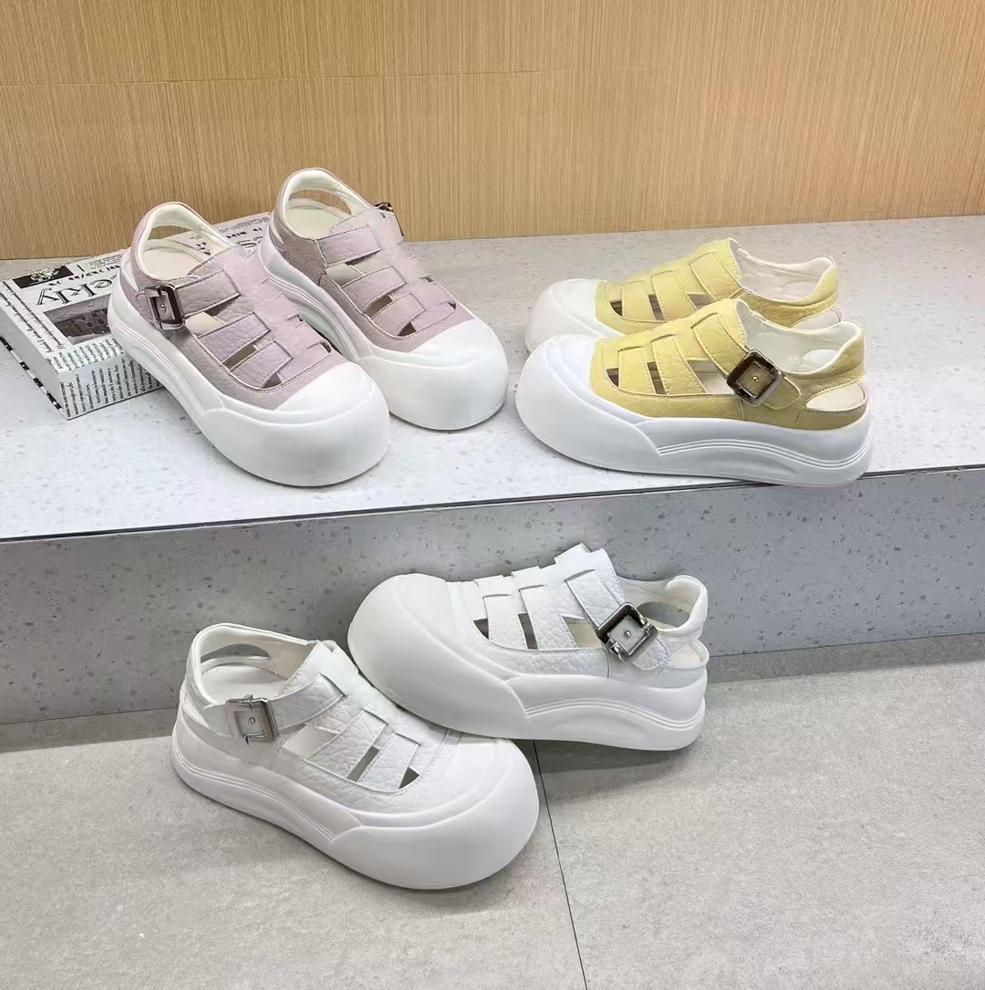 休闲板鞋百搭舒适包头板鞋中跟休闲鞋透气韩版休闲健步厚底