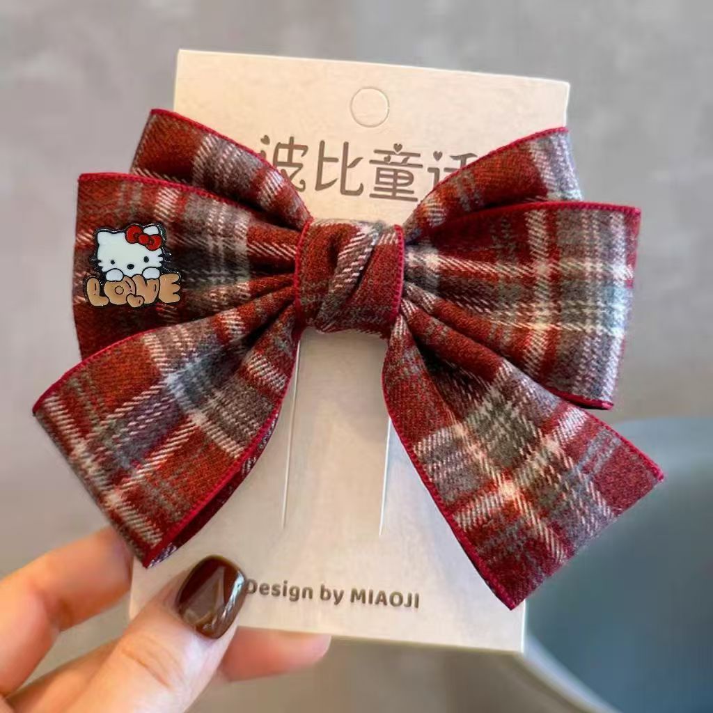 秋冬新品红色蝴蝶结格子卡通KT发夹半扎发鸭嘴夹头饰新年