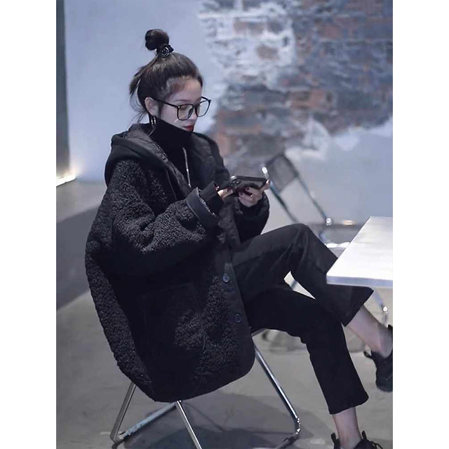 300斤大尺码女装黑色连帽羊羔毛外套女胖mm冬季夹棉加厚连帽铺棉