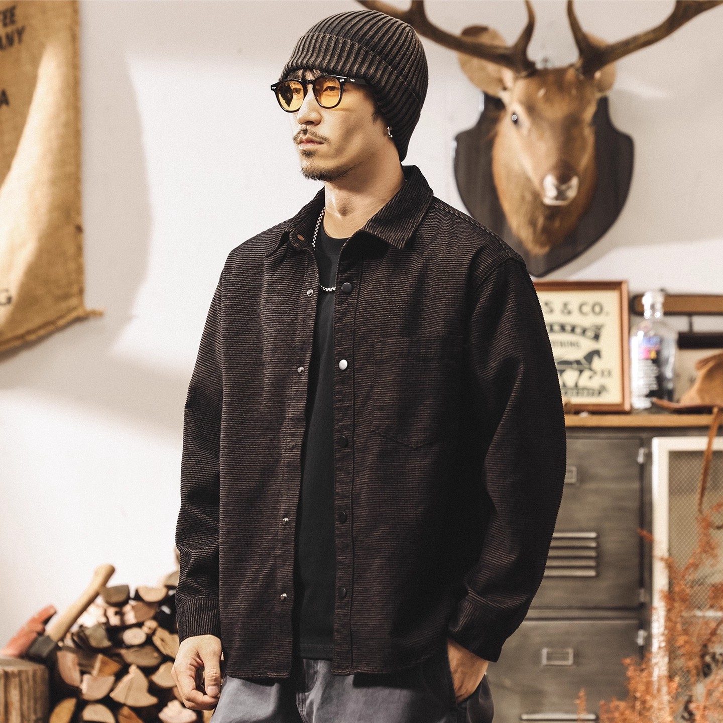 美式复古高级感雪尼尔提花条纹衬衫外套男秋季新款宽松休闲衬衣男