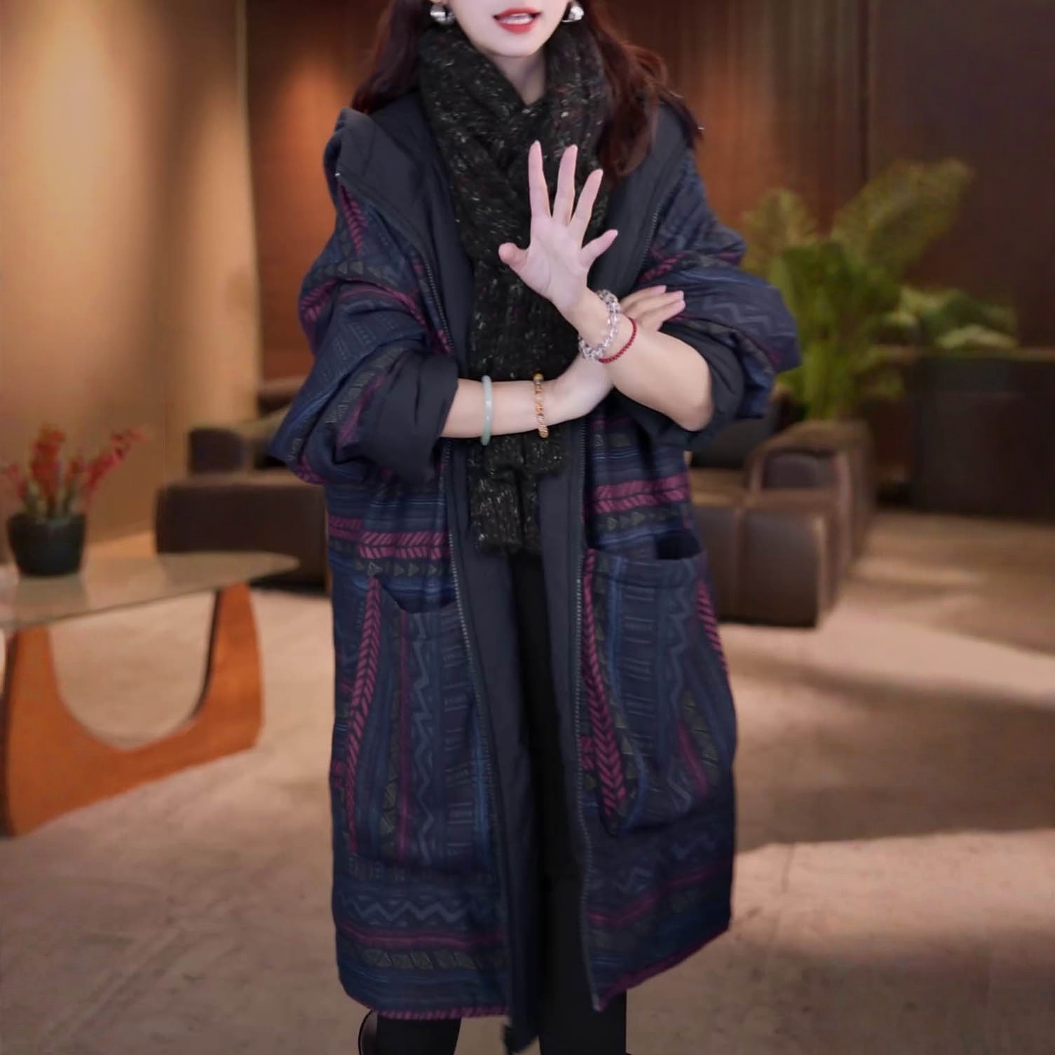 时尚复古双面双穿连帽棉服女2026冬季新款洋气百搭中长款棉衣外套