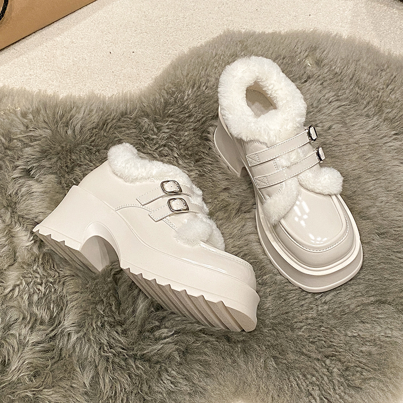 厚底加绒乐福鞋女2025冬款毛毛小个子增高雪地棉鞋高跟玛丽珍单鞋