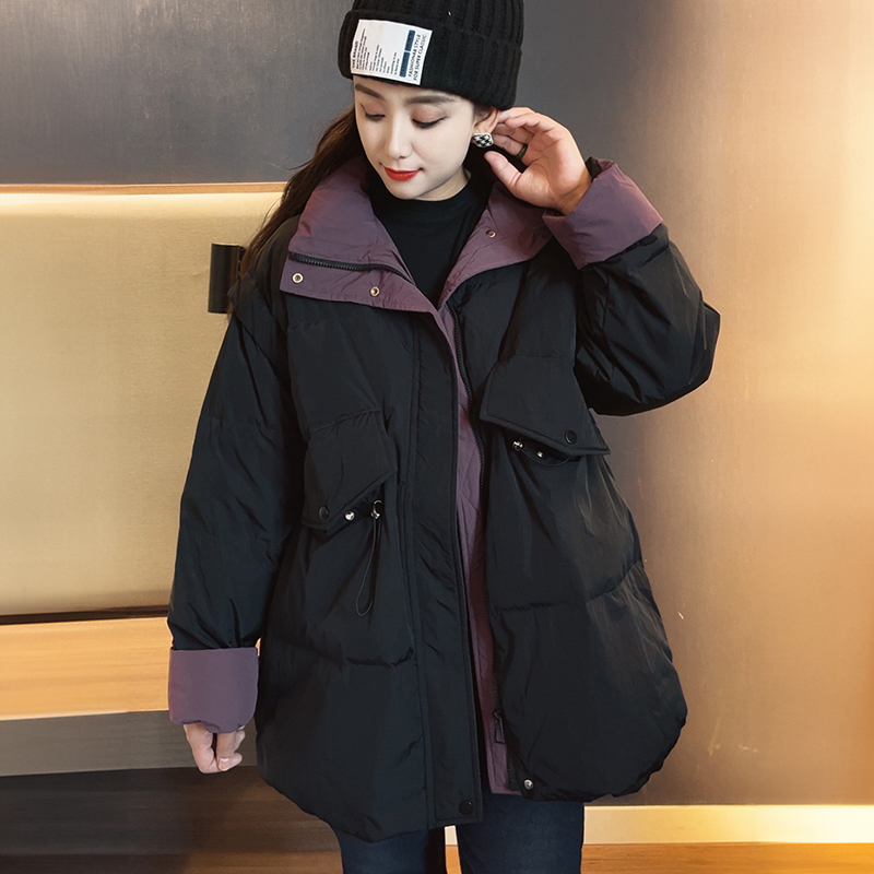 大码撞色羽绒服200斤中长款立领长袖休闲冬装拼接冬季女鸭绒外套