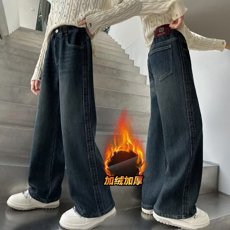 女童加绒牛仔裤百搭新款洋气加厚阔腿裤女大童秋冬休闲裤长裤