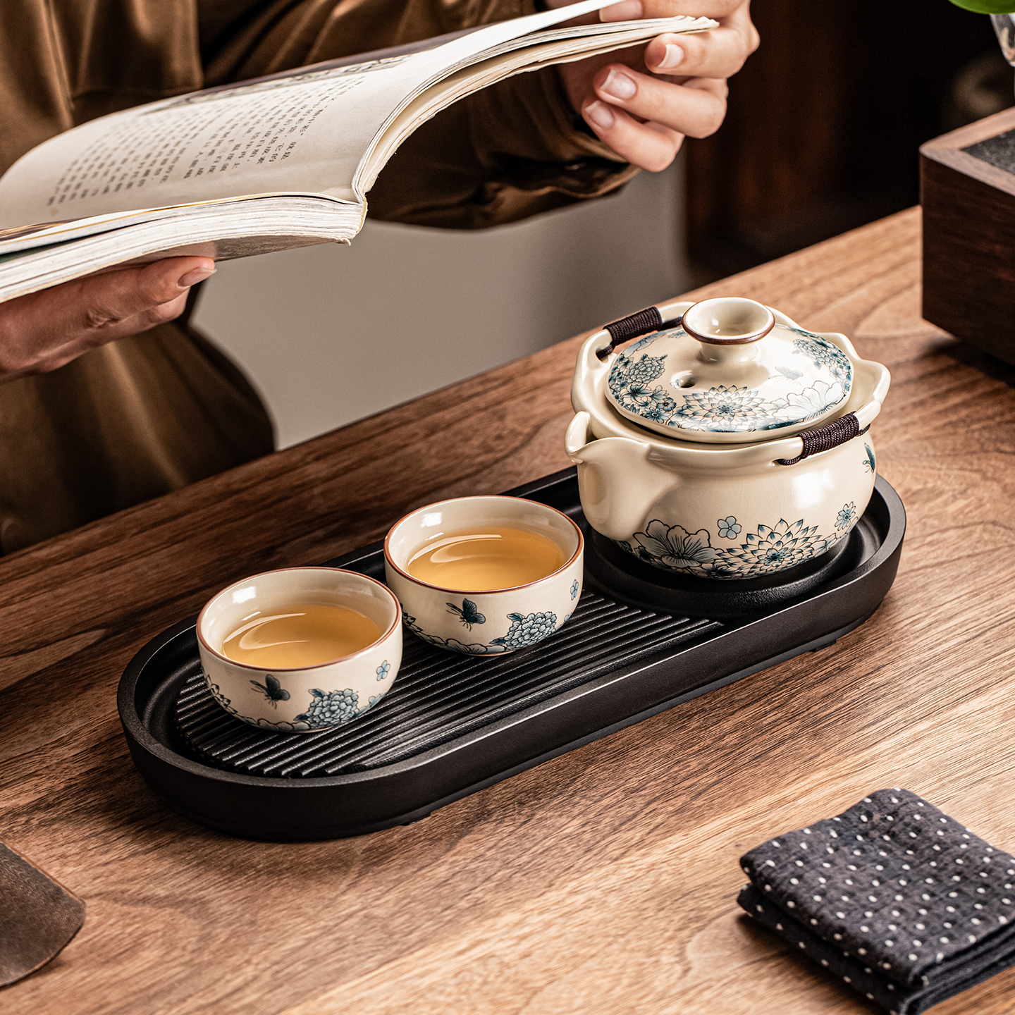 轻奢一壶两杯干泡盘汝窑小套装简约家用便携式户外旅行功夫茶具