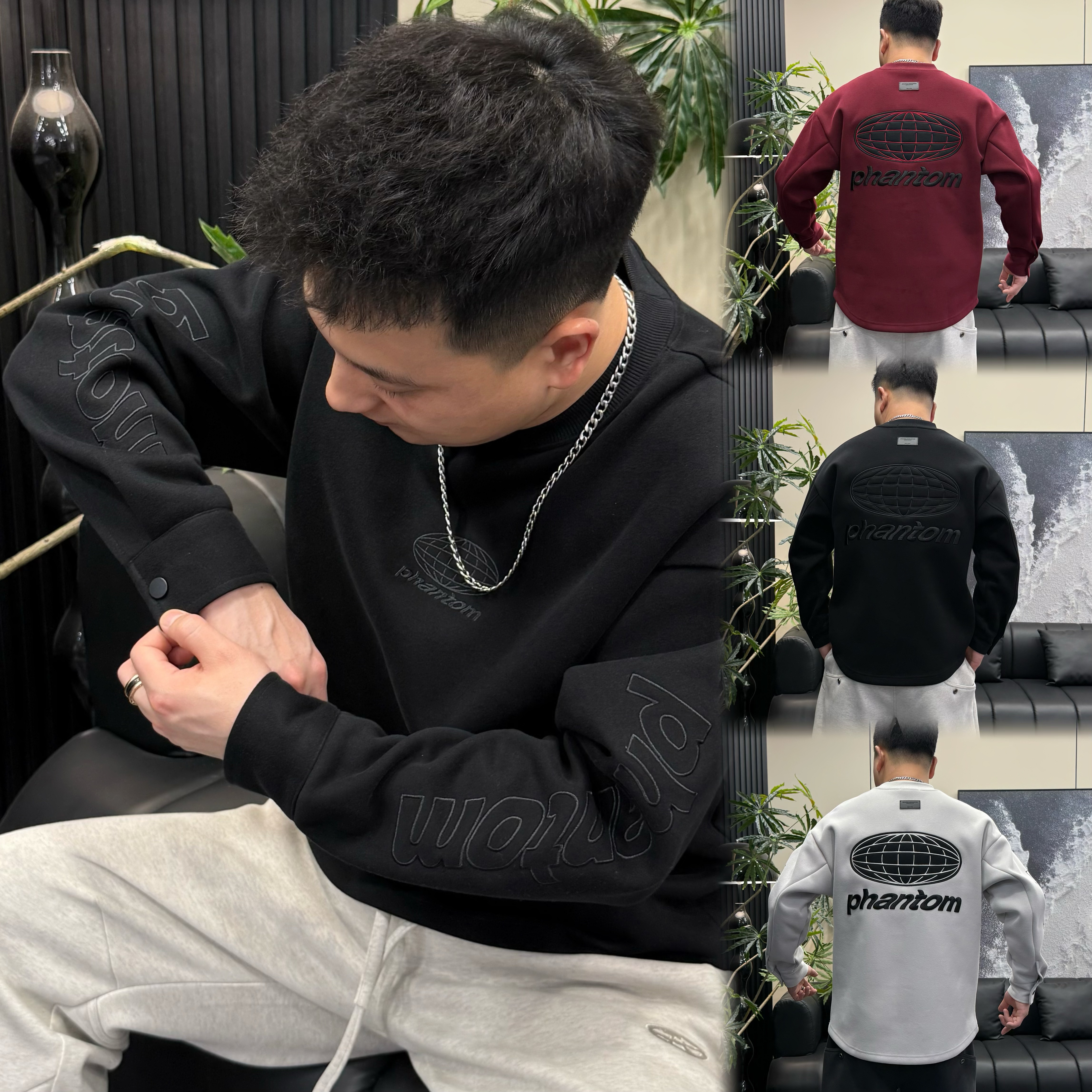 品质款重磅加厚袖口按扣重工刺绣贴布绣花时尚燕尾男士卫衣7385