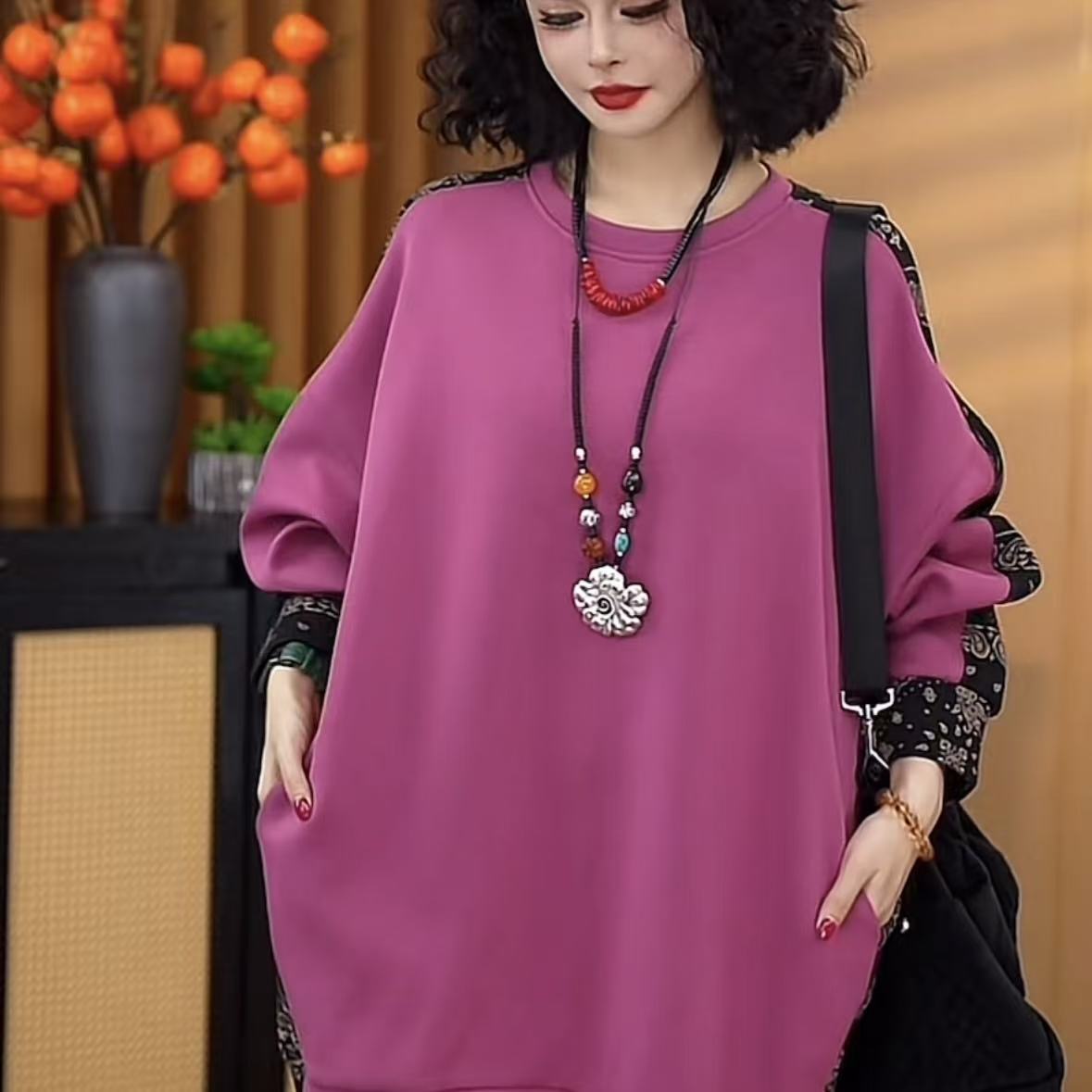 2025秋季新款花色大版复古减龄保暖宽松圆领女款长袖卫衣25857