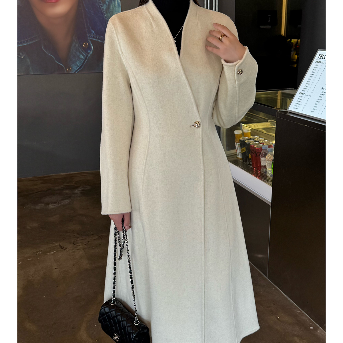 秋冬显瘦法式气质百分百双面羊毛大衣一粒扣修身时尚V领毛呢外套