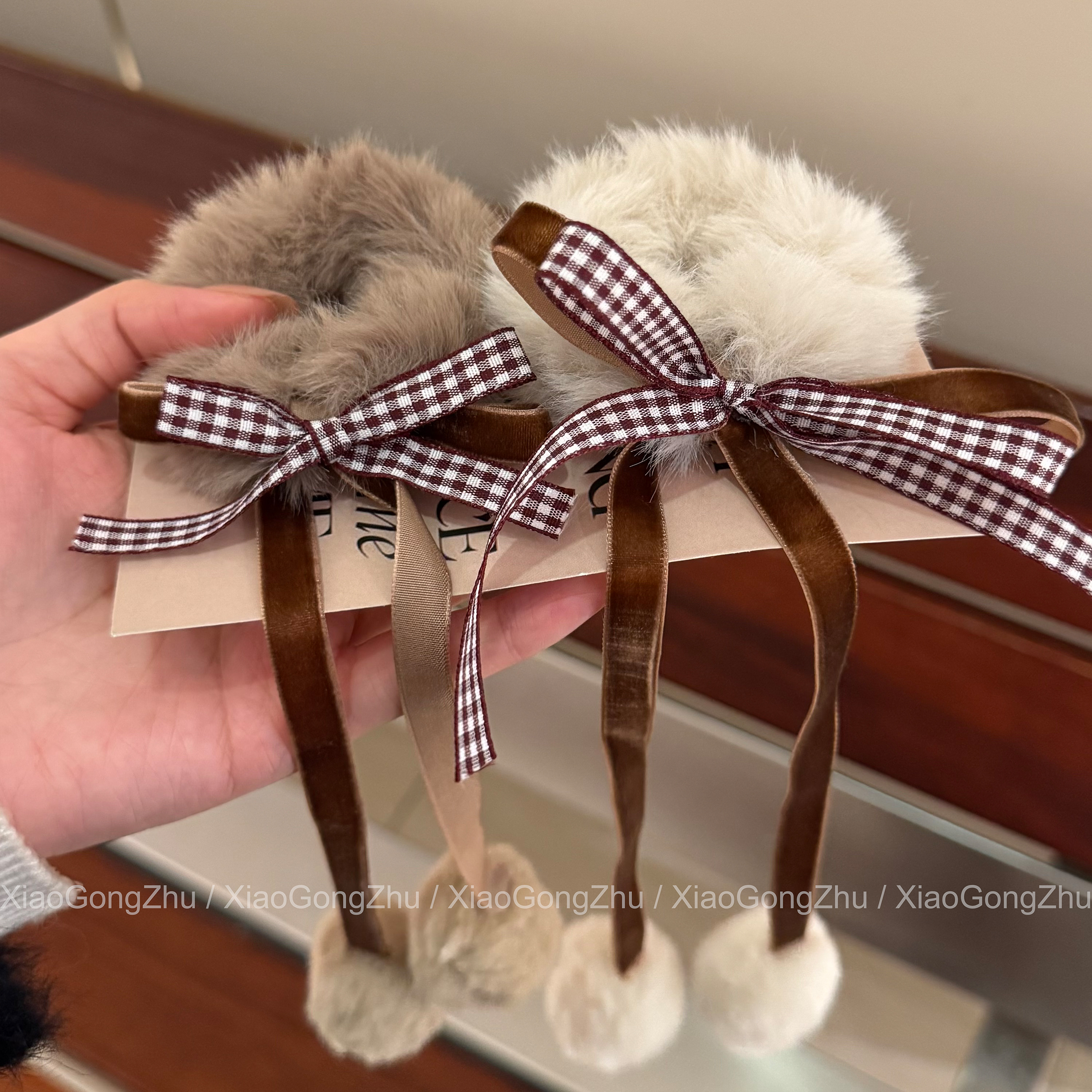 百搭秋冬毛绒发圈超仙气质蝴蝶结毛毛头绳扎马尾发绳毛球飘带发饰