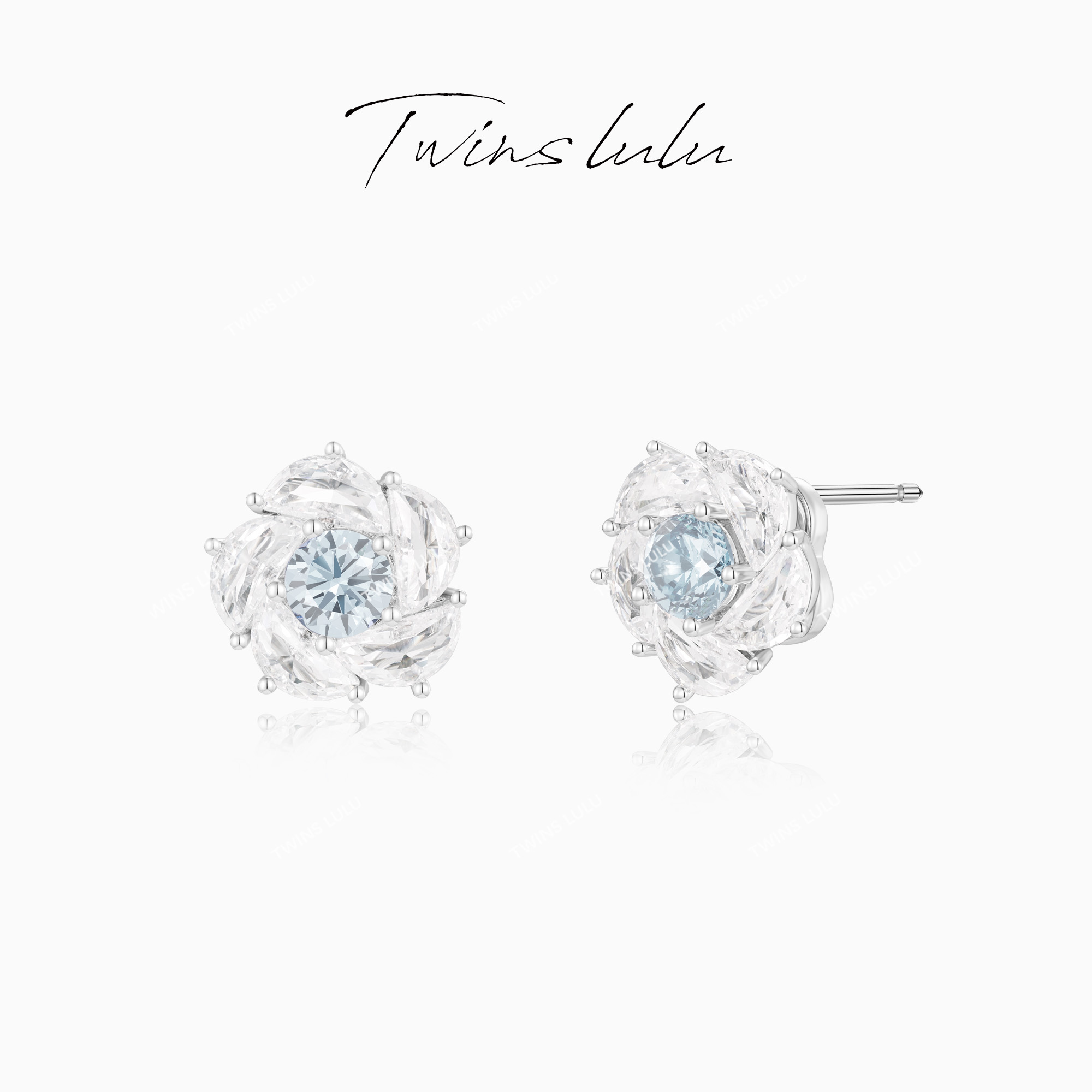 TWINS LULU 流光风 秋上新 浅蓝色花朵双层旋转耳环TSL3066