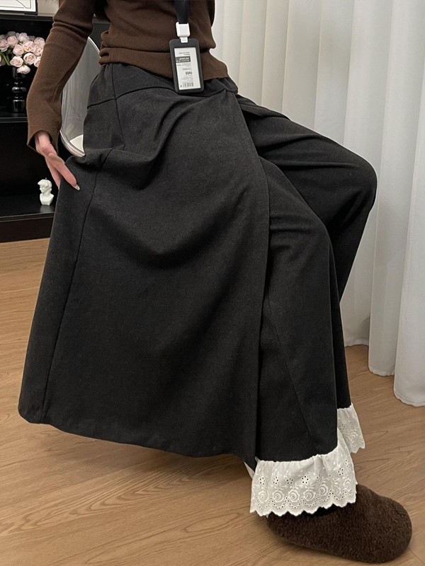 深灰色蕾丝花边拼接阔腿裤裙女早秋新款胖妹妹mm休闲a字半身长裙