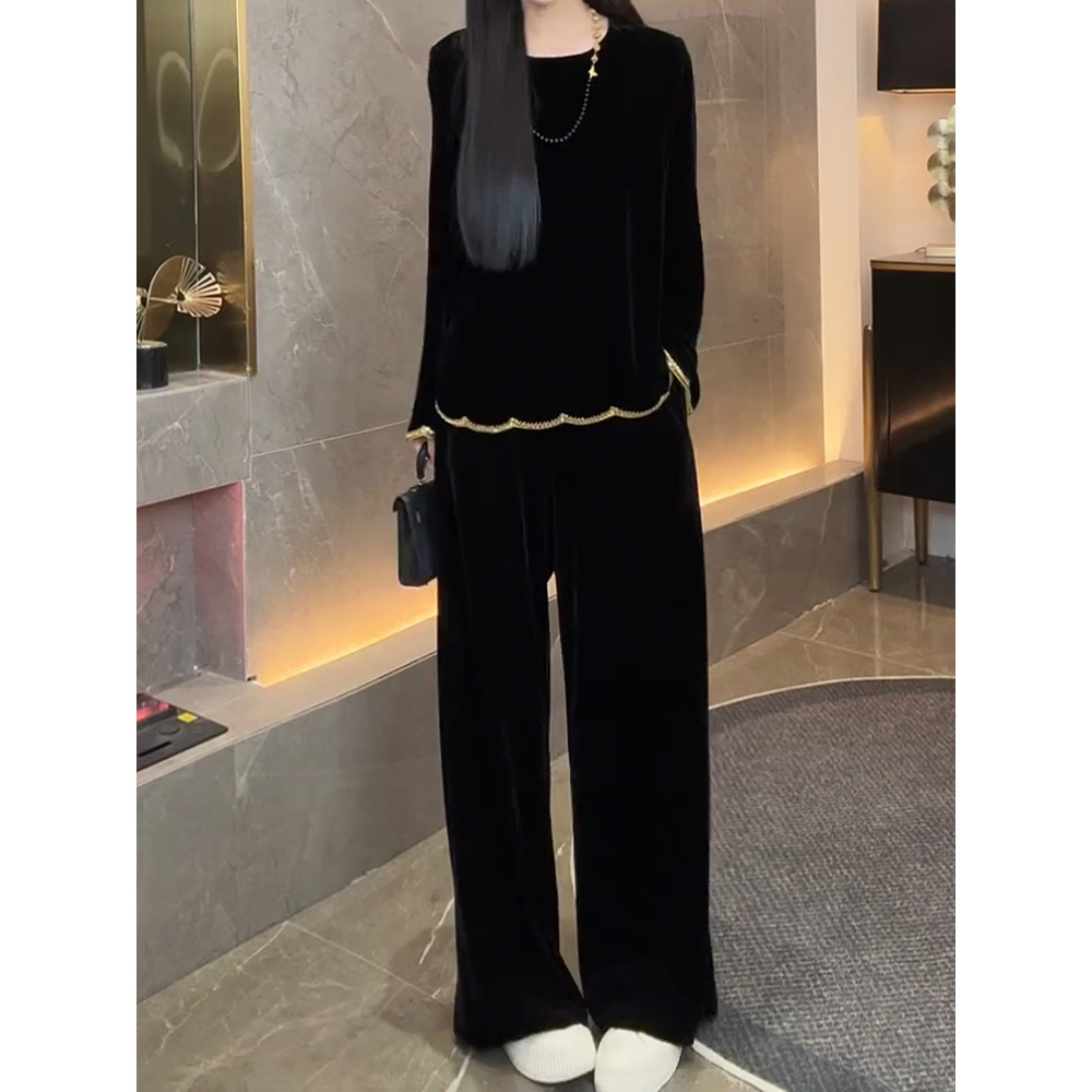 名媛风高级感轻奢套装2025秋新时尚高贵气质设计感丝绒上衣休闲裤