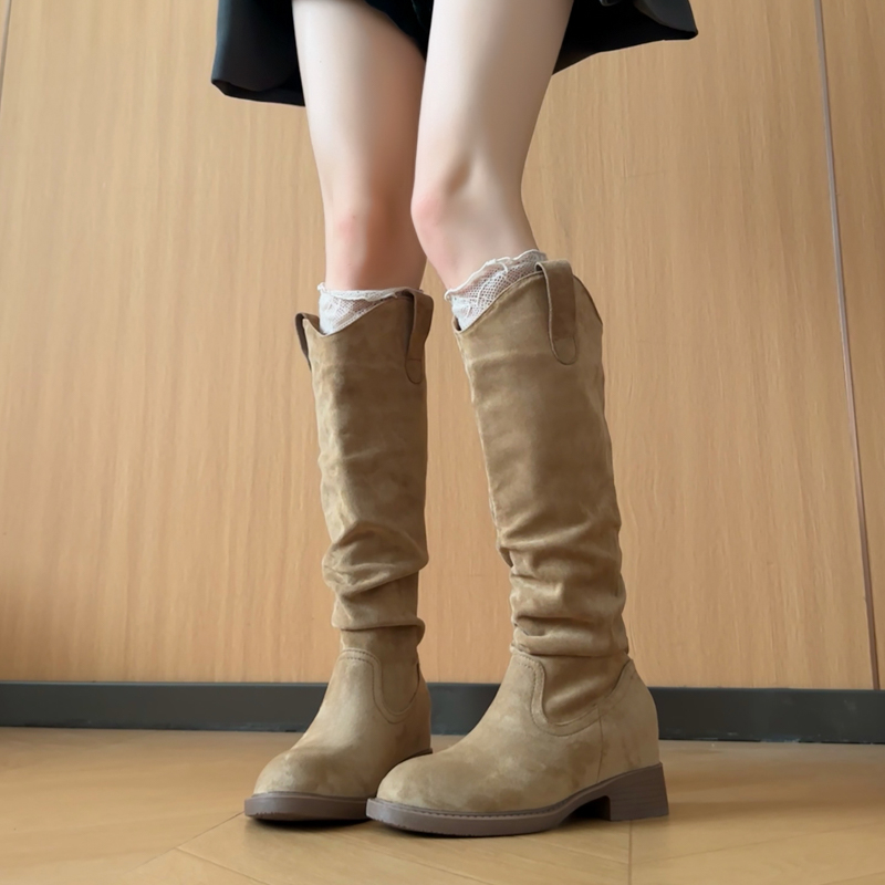 秋冬长筒靴粗跟内增高褶皱堆堆靴小个子显高瘦腿西部牛仔靴骑士靴