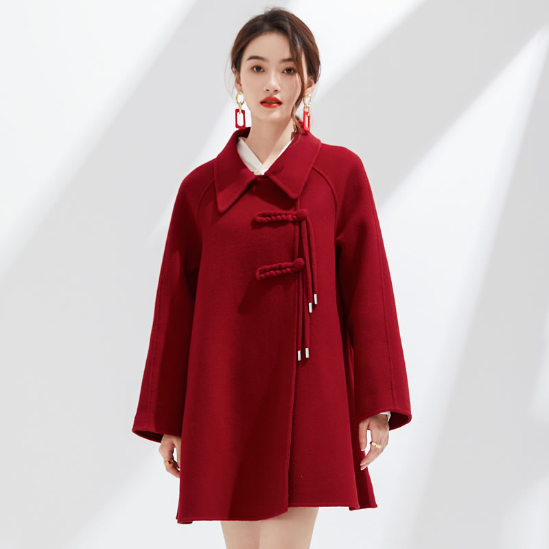 长款毛呢外套红色娃娃领羊绒大衣秋冬加厚时尚呢大衣