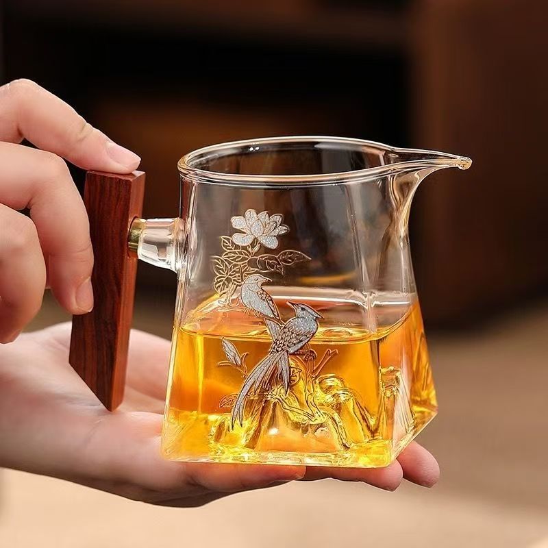 耐热玻璃公道杯高档家用木把观山杯印花款式功夫茶具