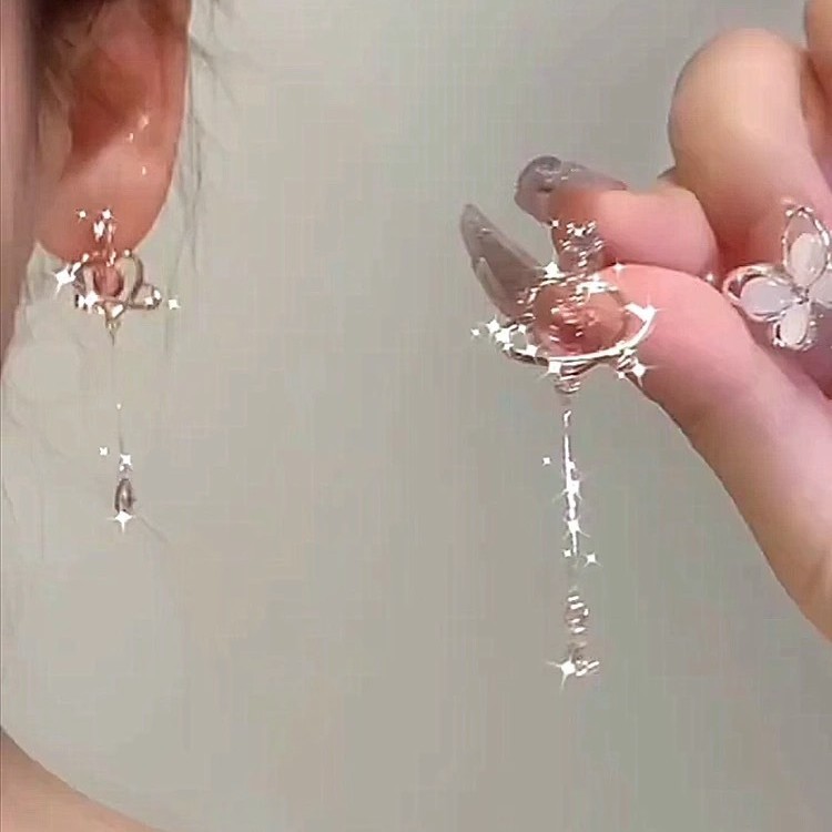 合金耳饰 [蜜桃]仙气爱心锆石流苏小众蚊香盘耳夹气质长款耳钉