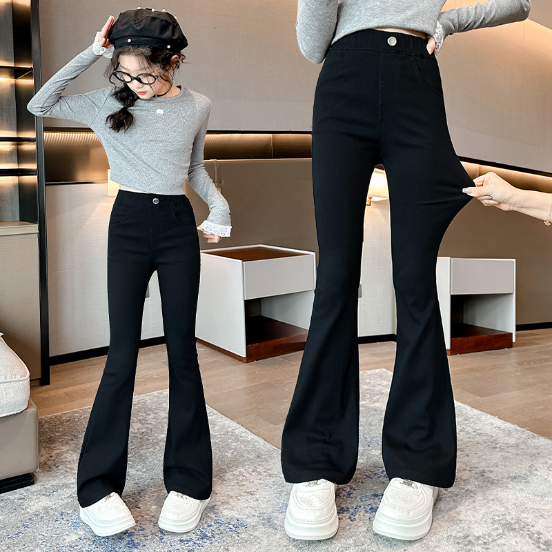 女童喇叭裤春秋款2025新款修身弹力黑色牛仔裤女大童秋装儿童裤子