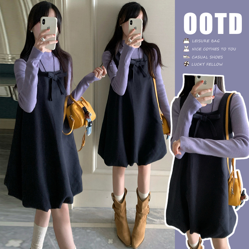 秋冬韩系甜美蝴蝶结孕妇裙轻熟风2025潮款流行气质穿搭两件套秋装