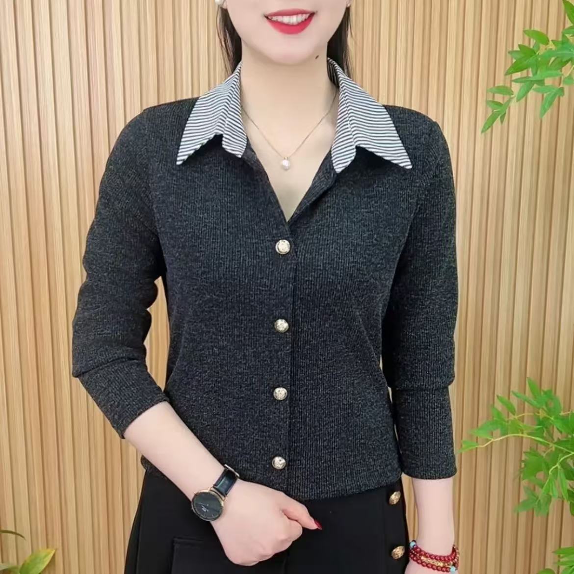 2025春季时尚洋气百搭撞色简约纽扣潮流翻领休闲宽松显瘦T恤长袖