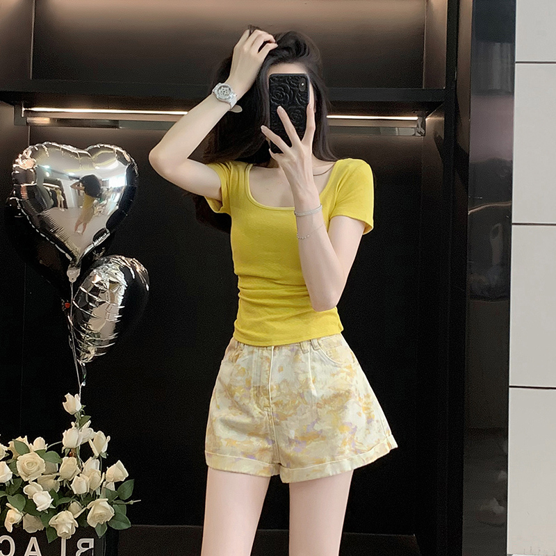 网红洋气纯欲风辣妹套装设计感短袖T恤显瘦牛仔短裤短袖女套装