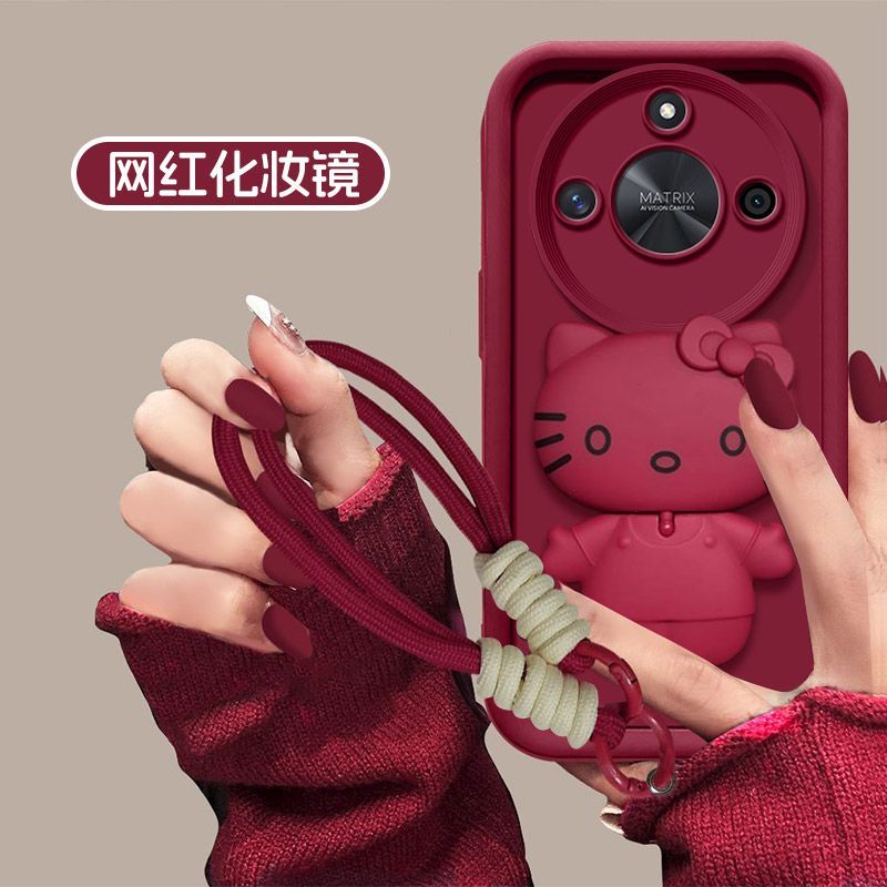 荣耀X50手机壳ALIAN00网红女款可爱KT补妆镜支架全包防摔软硅胶保