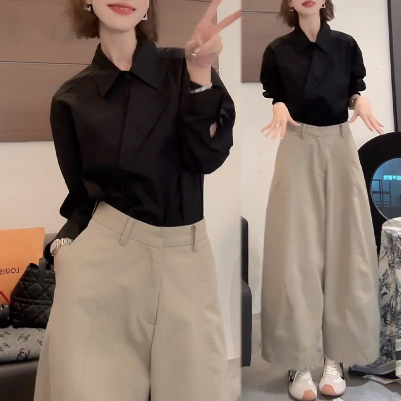 早秋设计师款穿搭一整套女装法式小众衬衫百搭阔腿休闲裤子两件套