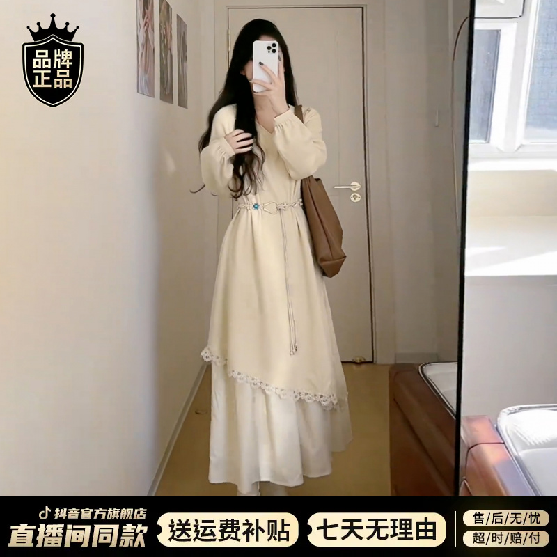 法式温柔风杏色长袖连衣裙子女2025秋冬季新款小众设计感收腰长裙