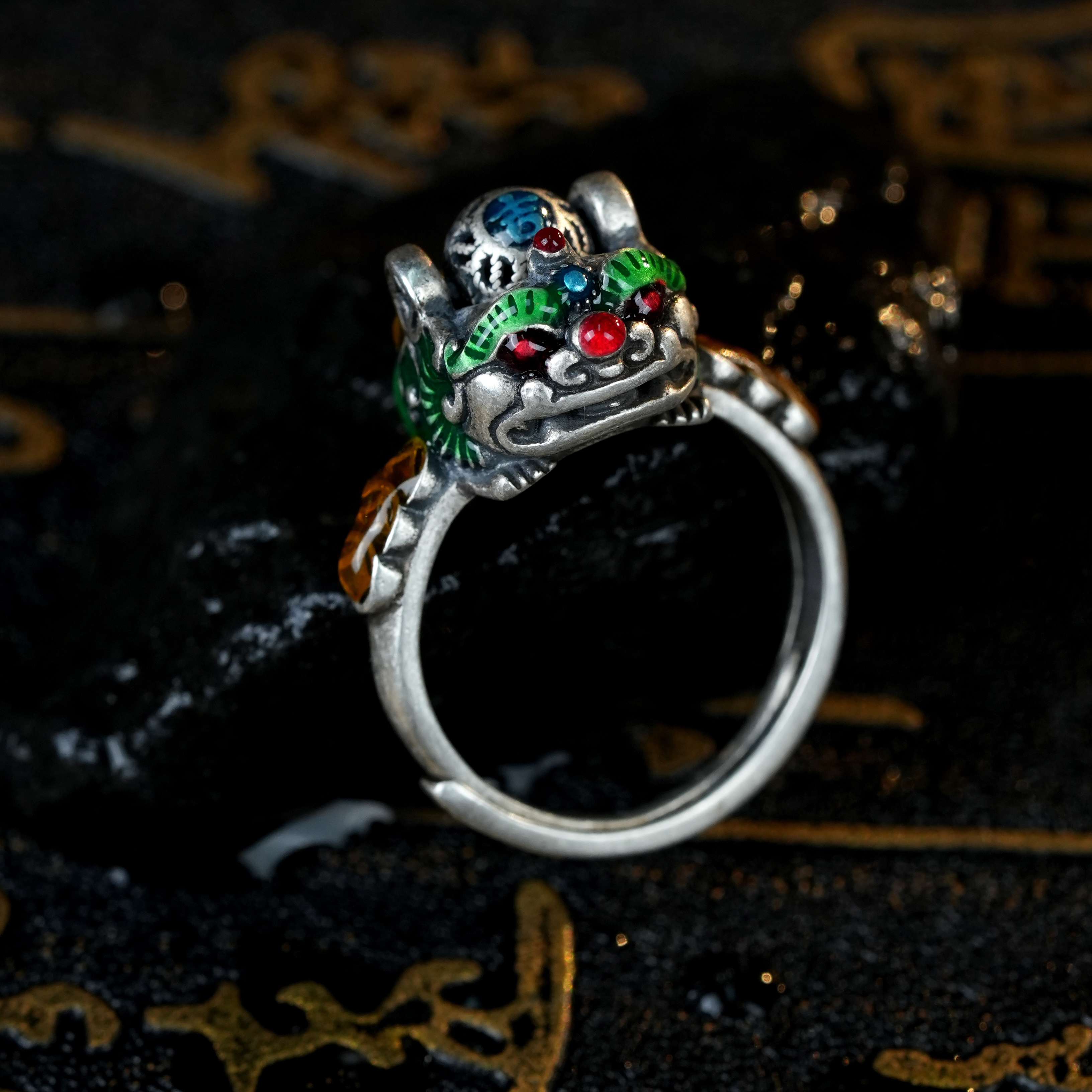 925银珐琅戒指 五色貔貅戒指