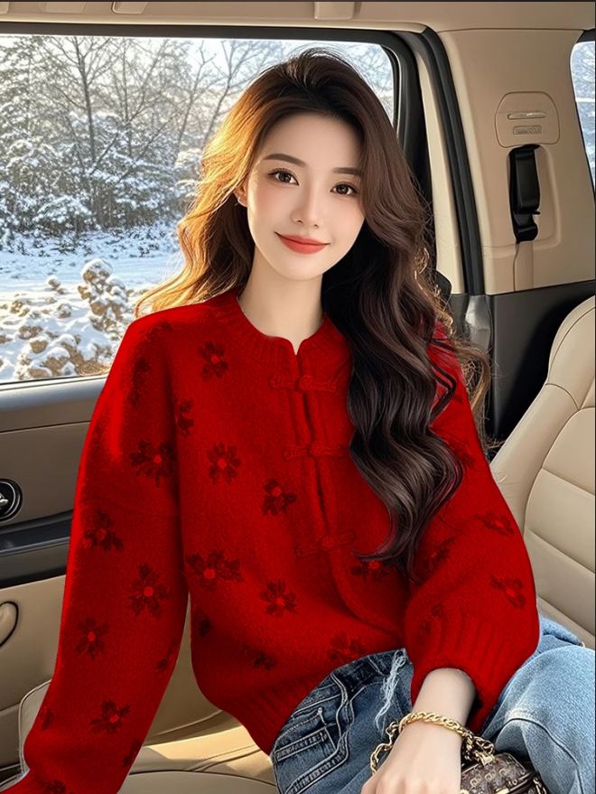 新中式国风酒红色花朵毛衣内搭冬季重工打底衫慵懒高级感针织上衣