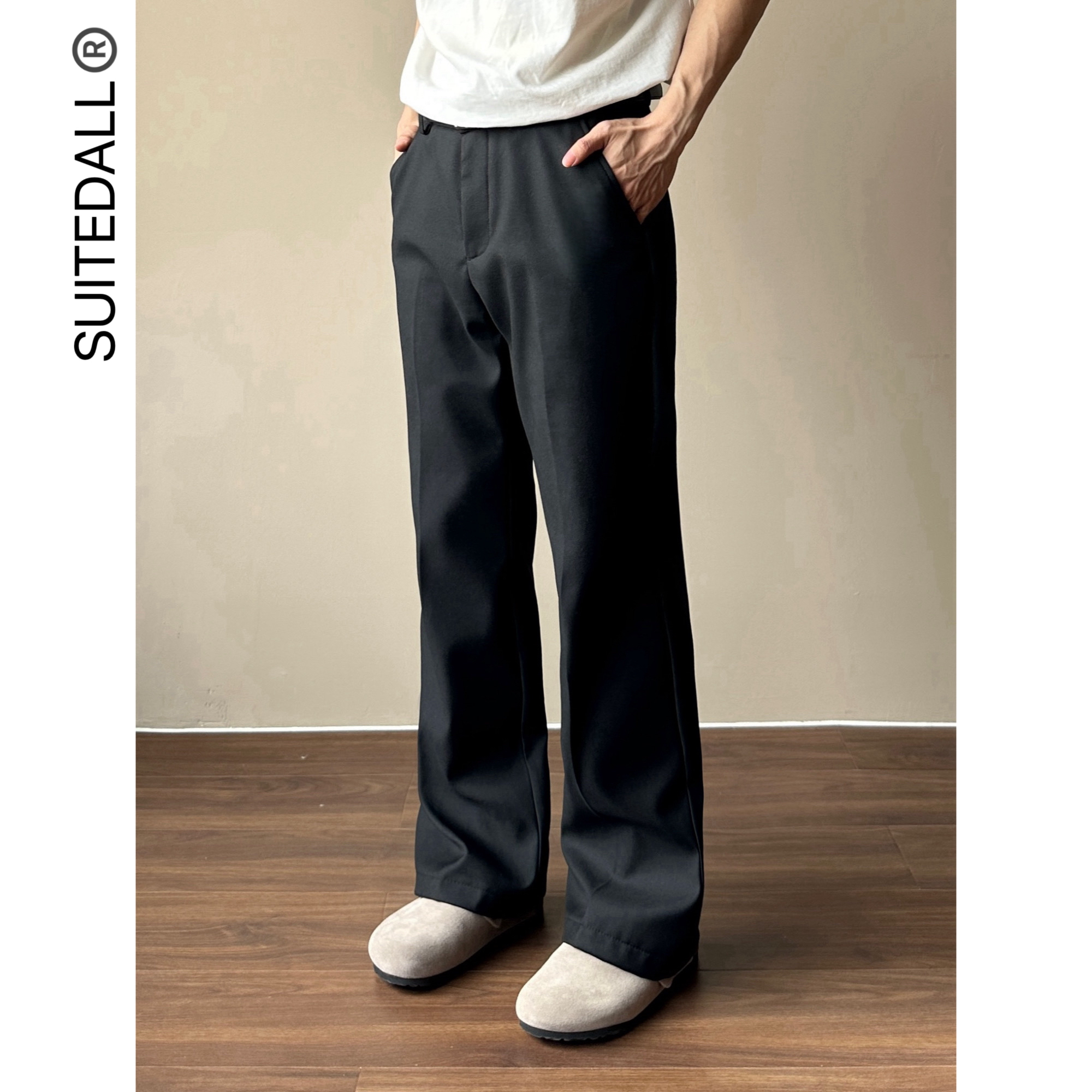SUITEDALL黑色直筒微喇叭西裤 显瘦显高百搭男女休闲垂感西装裤子