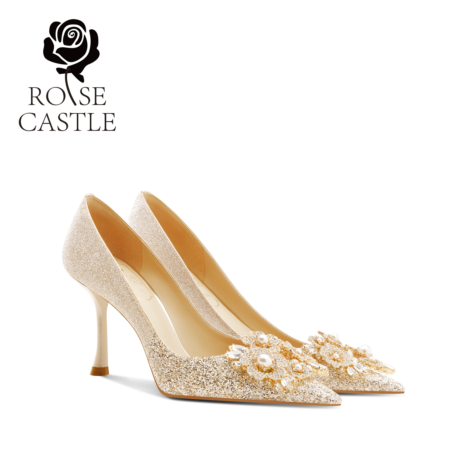 璀璨之花rosecastle女主婚纱秀禾两穿新中式婚鞋新娘鞋金色高跟鞋
