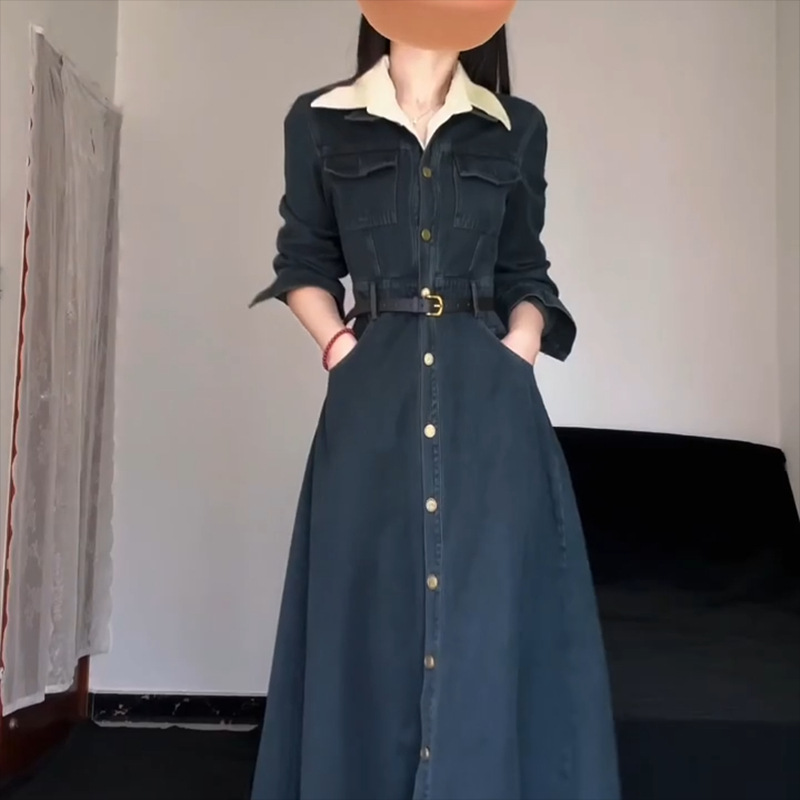 早秋法式复古牛仔连衣裙女春秋2025新款高级感气质显瘦高个子长裙