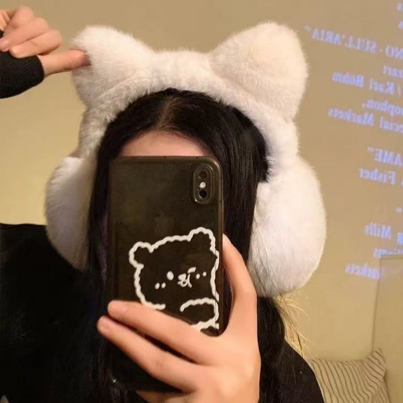 可爱猫耳朵绿色毛绒耳罩女2025年秋冬季毛茸耳套加厚保暖耳捂子HR